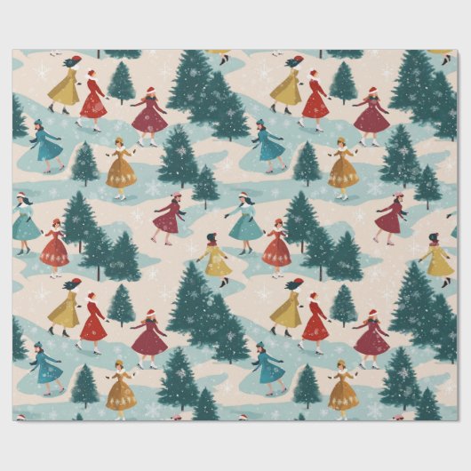 Schattigee retro meisjes schaatsen cadeaupapier (Vlak)
