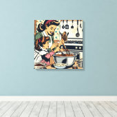 Schattigee retro moeder en dochter samen bakken canvas afdruk (Insitu (Houten vloer))