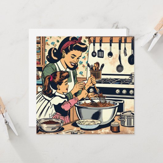 Schattigee retro moeder en dochter samen bakken kaart (Voorkant / Achterkant in situ)