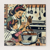 Schattigee retro moeder en dochter samen bakken legpuzzel (Verticaal)