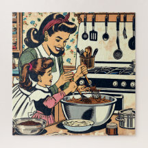 Schattigee retro moeder en dochter samen bakken