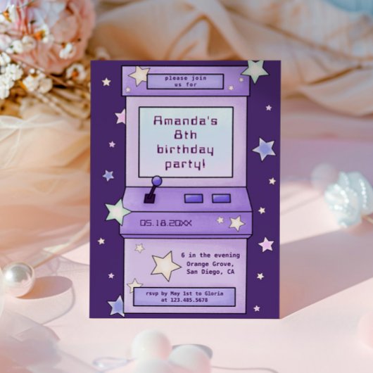 Schattigee Retro Paarse Arcade Game Kids Verjaarda Kaart