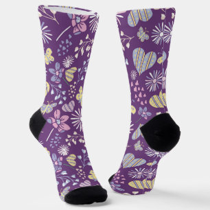 Schattigee Retro Paarse Bloemenharten & Vlinders Sokken