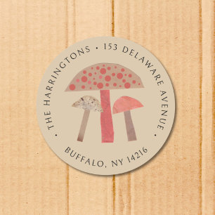 Schattigee retro paddestoel bruin retour adreslabe ronde sticker