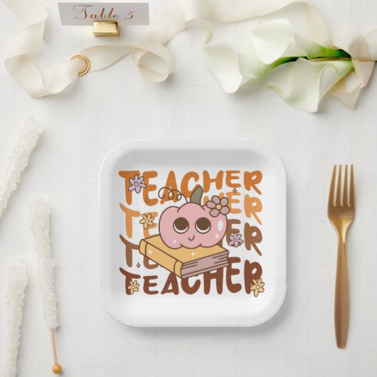 Schattigee Retro Pompoen Leraar Halloween Herfst Papieren Bordje (Huwelijk)