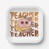 Schattigee Retro Pompoen Leraar Halloween Herfst Papieren Bordje (Voorkant)