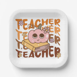 Schattigee Retro Pompoen Leraar Halloween Herfst Papieren Bordje