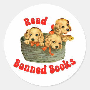 Schattigee retro Puppies - Lees verboden boeken Ronde Sticker