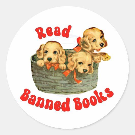 Schattigee retro Puppies - Lees verboden boeken Ronde Sticker (Voorkant)