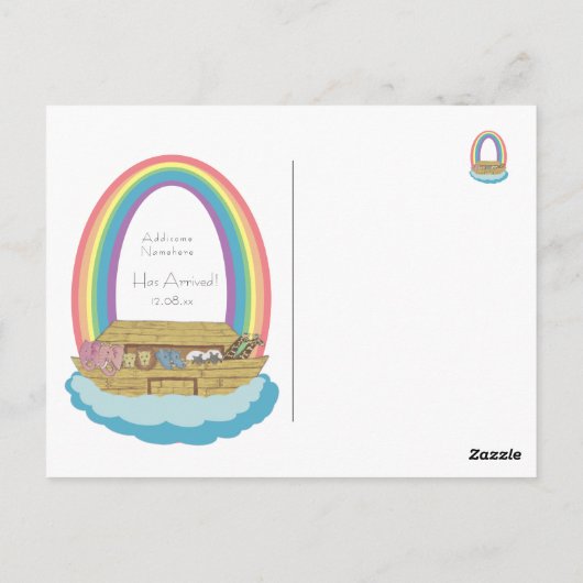 Schattigee Retro Rainbow Noah Ark Baby Geboorteaan Briefkaart (Achterkant)
