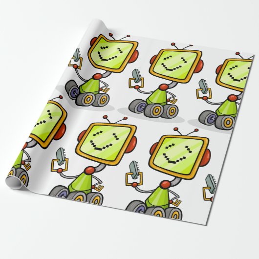 Schattigee Retro Robot Cartoon Fun AI Tech Digital Cadeaupapier (Uitgerold)