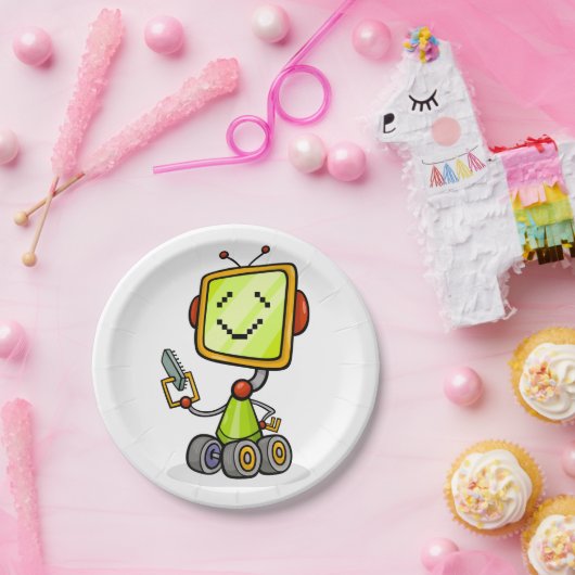 Schattigee Retro Robot Cartoon Fun AI Tech Digital Papieren Bordje (Feest)