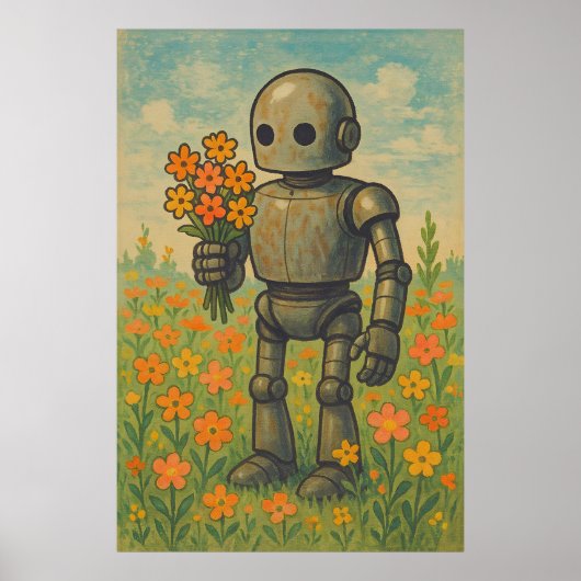 Schattigee retro robot met bloemen Wall Art Poster (Voorkant)