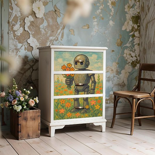 Schattigee retro robot met bloemen Wall Art Poster