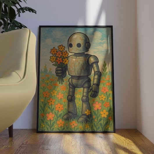 Schattigee retro robot met bloemen Wall Art Poster