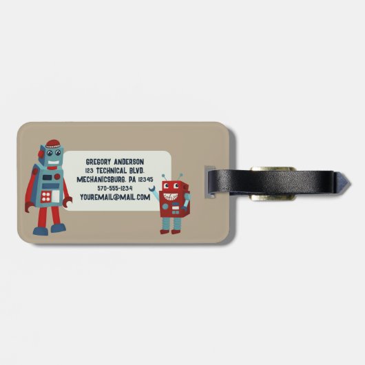 Schattigee retro-robots gepersonaliseerde sci-fi bagagelabel (Achterkant horizontaal)