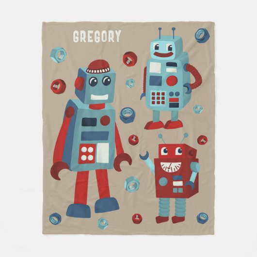 Schattigee retro-robots gepersonaliseerde sci-fi fleece deken (Voorkant)