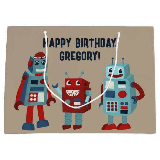 Schattigee retro-robots gepersonaliseerde sci-fi groot cadeauzakje (Voorkant)