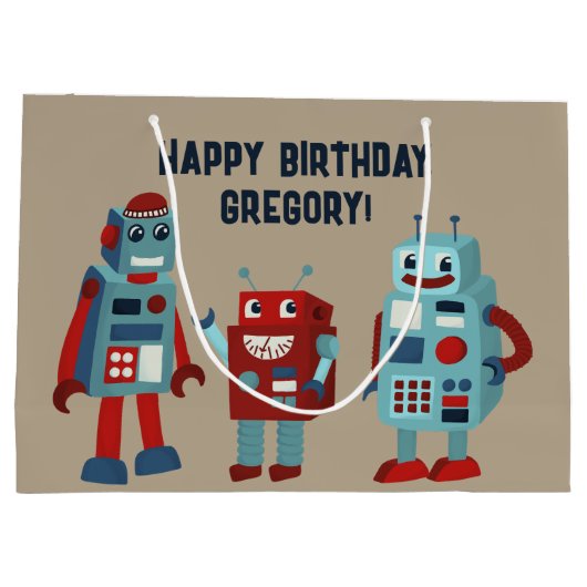 Schattigee retro-robots gepersonaliseerde sci-fi groot cadeauzakje (Achterkant)