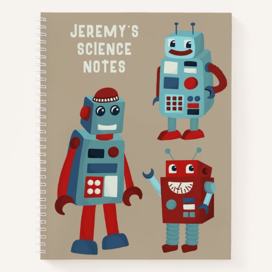 Schattigee retro-robots gepersonaliseerde sci-fi notitieboek (Voorkant)