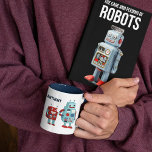 Schattigee retro-robots gepersonaliseerde sci-fi tweekleurige koffiemok<br><div class="desc">Voeg een sci-fi touch toe aan je ochtendroutine met deze gepersonaliseerde koffie-mok. Deze mok is voorzien van leuke illustraties van retro-stijlrobots en is klaar om te worden gepersonaliseerd met een naam of andere tekst. De afbeeldingen wikkelen zich rond de mok en de naam verschijnt aan beide zijden.</div>