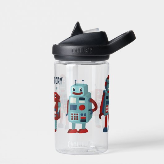 Schattigee retro-robots gepersonaliseerde sci-fi waterfles (Links)