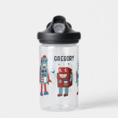 Schattigee retro-robots gepersonaliseerde sci-fi waterfles (Voorkant)