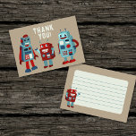 Schattigee Retro Robots Kinder Flatpanel Bedankkaart<br><div class="desc">Deze leuke platte bedankkaart is perfect voor kinderen. Het heeft schattige illustraties van retro-stijl robots in tinten van rood en blauw op de voorkant,  samen met de boodschap BEDANKT! tegen een tan gekleurde achtergrond. De achterkant heeft ook een robotafbeelding en een gevoerd gebied voor een handgeschreven bedankbericht.</div>