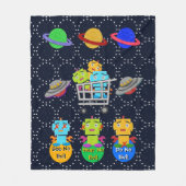 Schattigee retro robots, planeten, vliegende schot fleece deken (Voorkant)