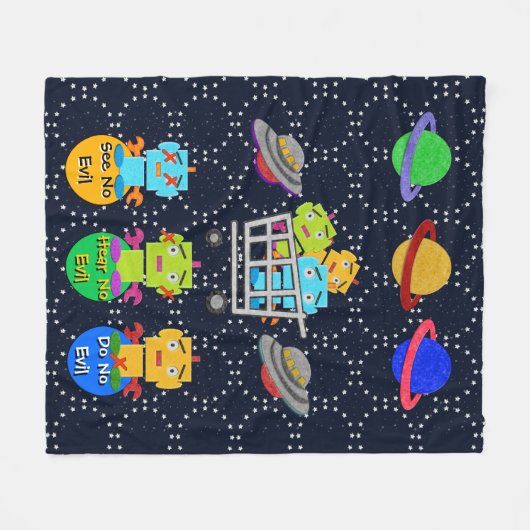 Schattigee retro robots, planeten, vliegende schot fleece deken (Voorkant (Horizontaal))