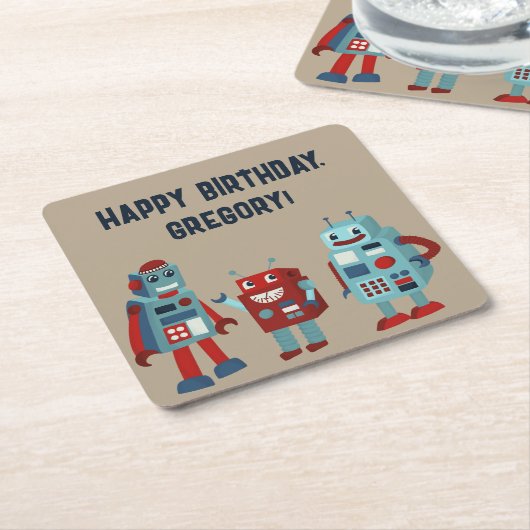 Schattigee Retro Robots Sci-Fi Boys Verjaardag Kartonnen Onderzetters (Schuin)