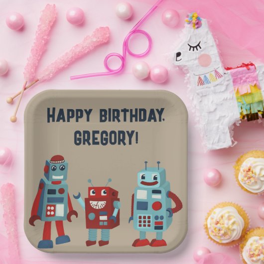 Schattigee Retro Robots Sci-Fi Boys Verjaardag Papieren Bordje (Feest)