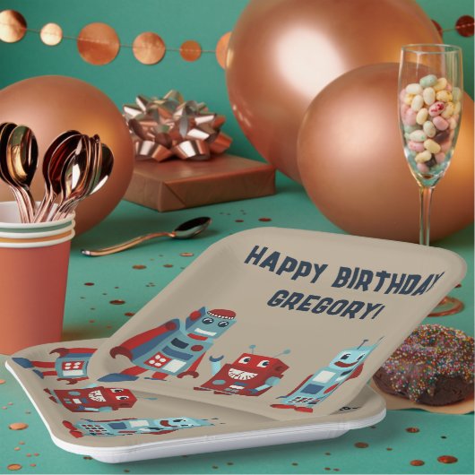 Schattigee Retro Robots Sci-Fi Boys Verjaardag Papieren Bordje (Multi)