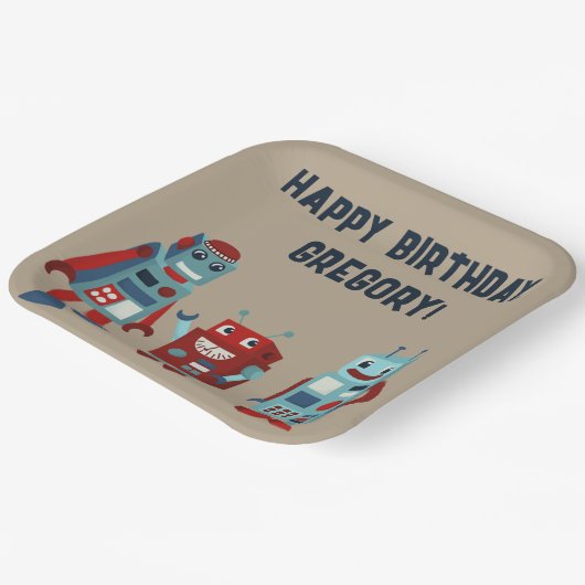 Schattigee Retro Robots Sci-Fi Boys Verjaardag Papieren Bordje (Gebogen)
