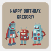 Schattigee Retro Robots Sci-Fi Boys Verjaardag Vierkante Sticker (Voorkant)