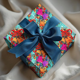 Schattigee retro  rode boog feestdagen aqua cadeaupapier