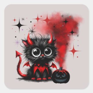 Schattigee Retro Rood-Zwart Wide-Eyed Kitten Hallo Vierkante Sticker