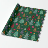 Schattigee Retro Roze en Groene Kerstboom Cadeaupapier (Uitgerold)