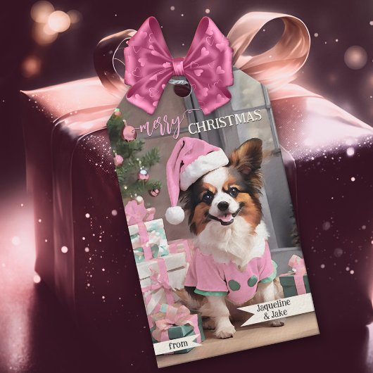 Schattigee Retro Roze Hond Vrolijk Kerstfeest Cadeaulabel