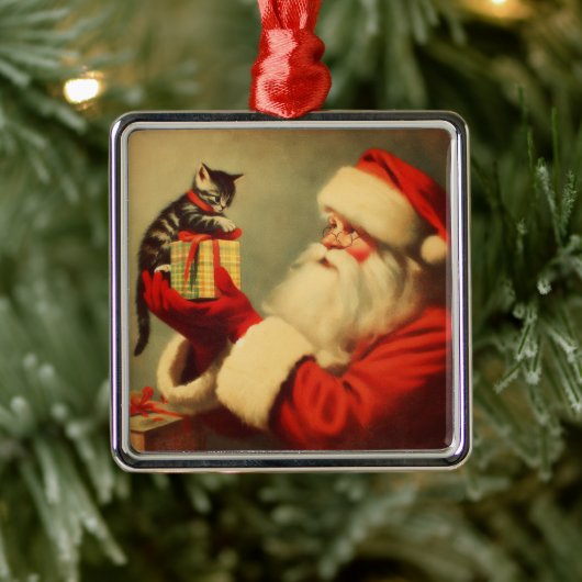 Schattigee Retro Santa met Kitten Illustratie Metalen Ornament (Boom)
