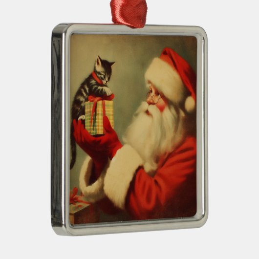 Schattigee Retro Santa met Kitten Illustratie Metalen Ornament (Rechts)