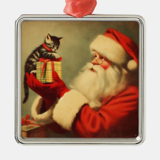 Schattigee Retro Santa met Kitten Illustratie Metalen Ornament (Voorkant)
