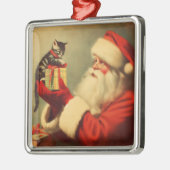 Schattigee Retro Santa met Kitten Illustratie Metalen Ornament (Links)