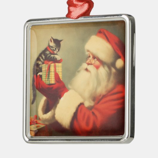 Schattigee Retro Santa met Kitten Illustratie Metalen Ornament (Links)