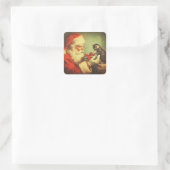 Schattigee Retro Santa met Kitten Illustratie Vierkante Sticker (Tas)