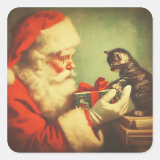 Schattigee Retro Santa met Kitten Illustratie Vierkante Sticker (Voorkant)