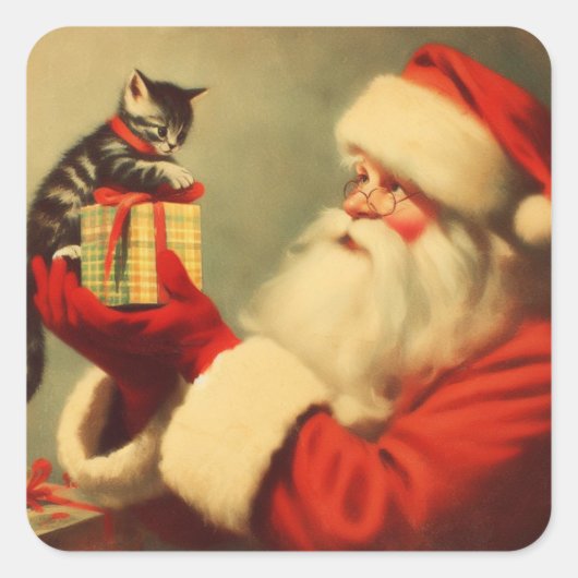 Schattigee Retro Santa met Kitten Illustratie Vierkante Sticker (Voorkant)