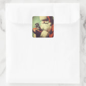 Schattigee Retro Santa met Kitten Illustratie Vierkante Sticker (Tas)