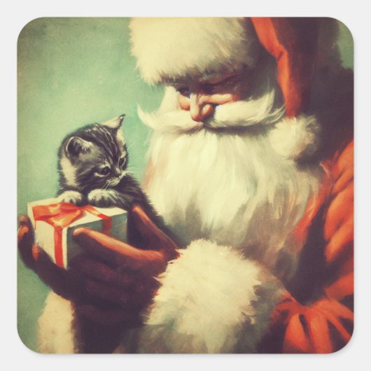 Schattigee Retro Santa met Kitten Illustratie Vierkante Sticker (Voorkant)