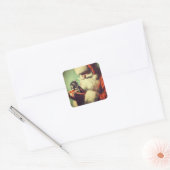 Schattigee Retro Santa met Kitten Illustratie Vierkante Sticker (Envelop)